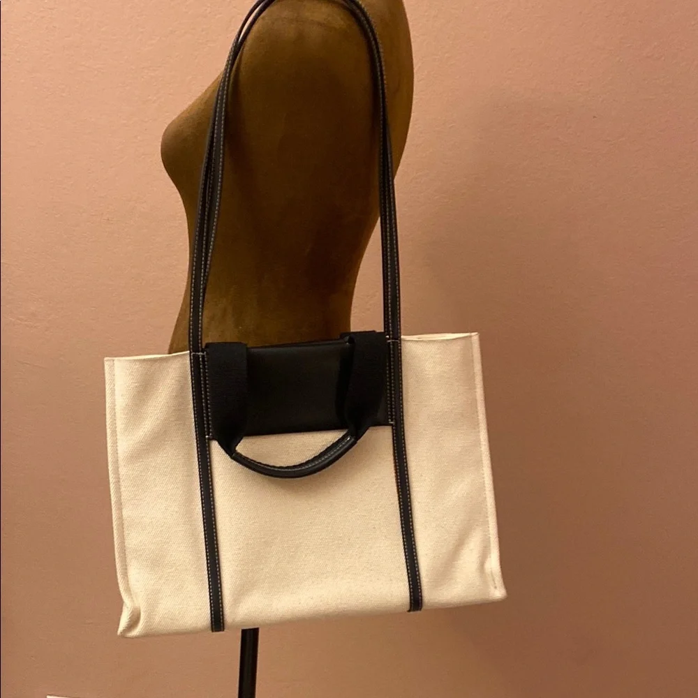 Charles & Keith Cream Canvas Tote with Black Trim